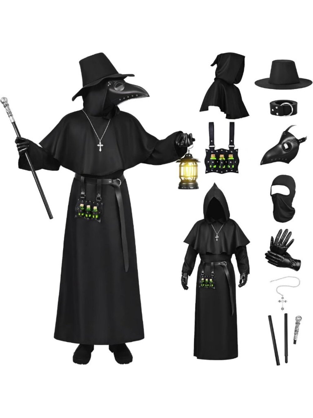 12-in-1 Plague Doctor Costume Set with Mask, Robe & Accessories for Halloween